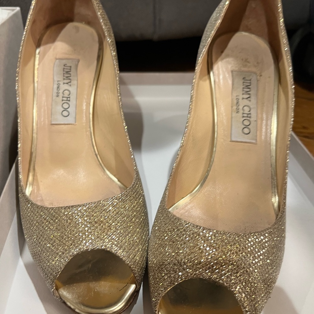 Jimmy Choo Glittering Gold Peep Toe Heels
